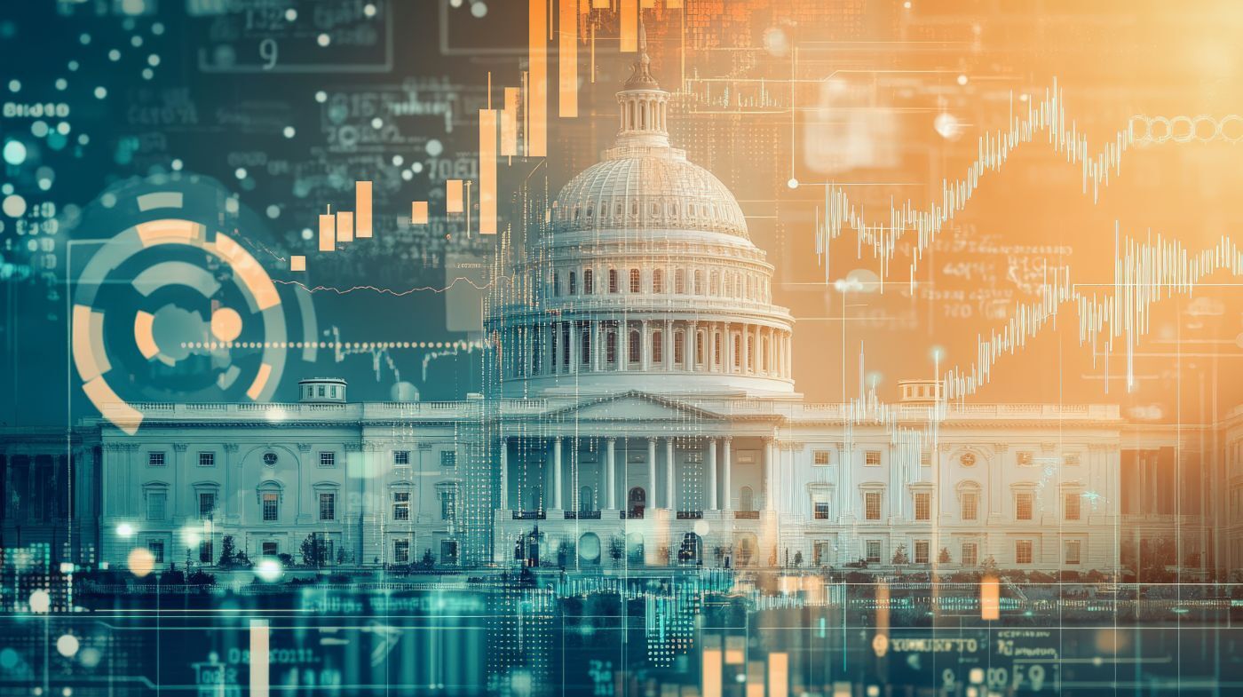 U.S. Capitol building overlaid with data visuals